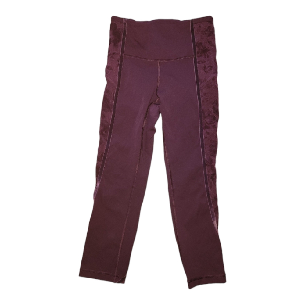 Lululemon High Rise Crop Leggings Burgundy Velvet Floral Mesh Trim Size 4